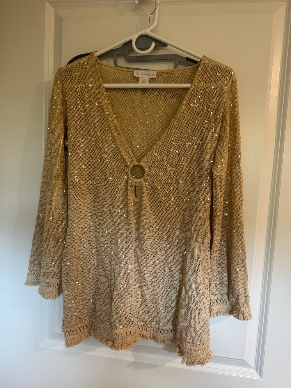 House of Harlow 1960 Beige Sequin Open-Knit V-Neck Tunic